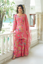 Teeya Creation Multi Color Chinnon Silk With Heavy Embroidery With Positiona Print Fully Stitched Sharara Suit - Distacart