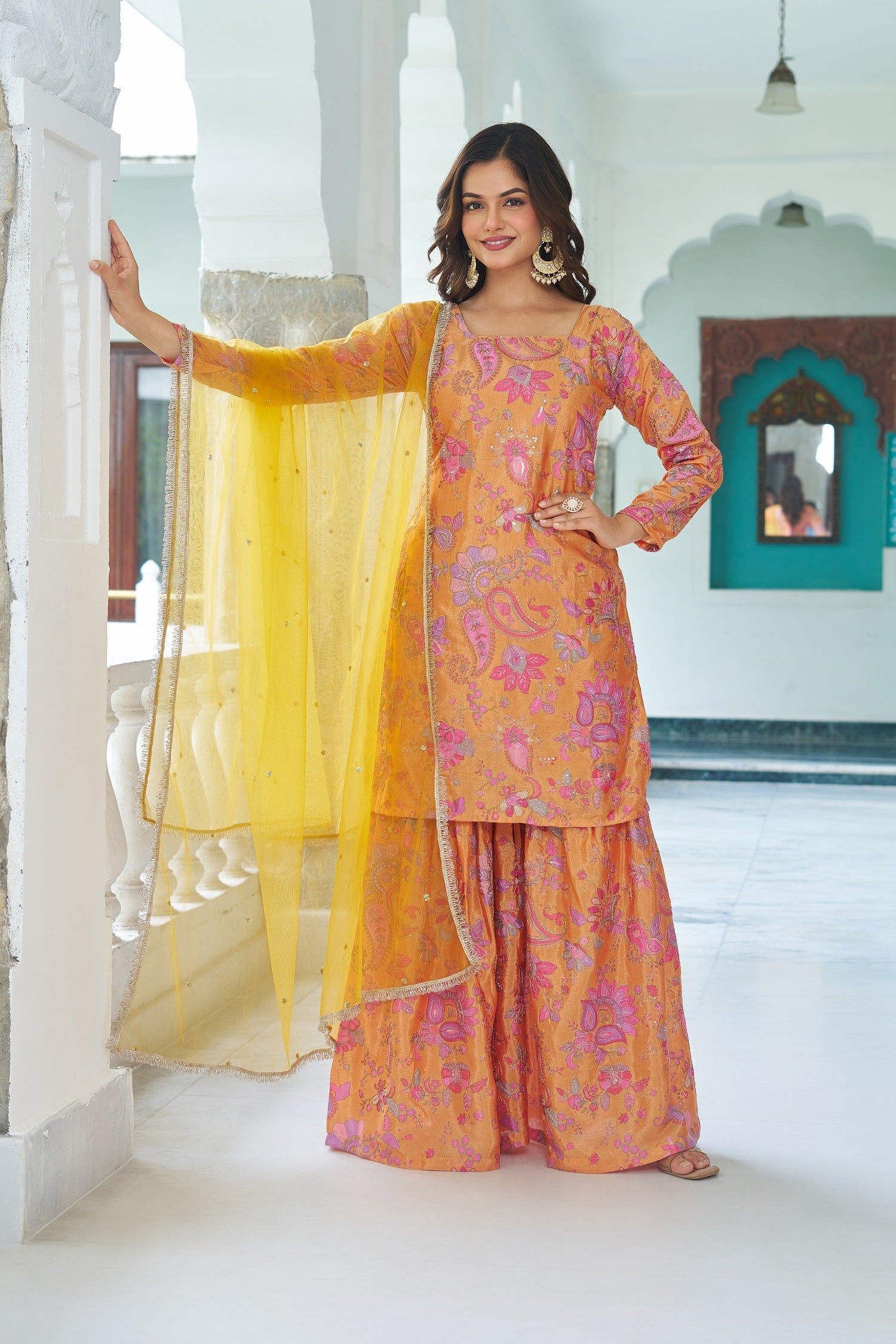 Teeya Creation Multi Color Chinnon Silk With Heavy Embroidery With Positiona Print Fully Stitched Sharara Suit - Distacart