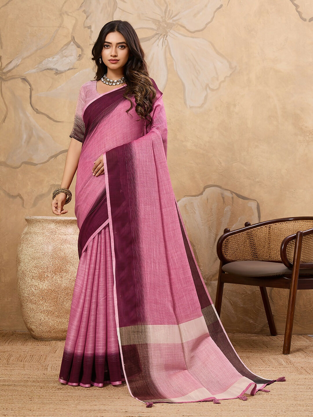 Shree Shyam Fashion Rani Pink Linen Saree - Distacart