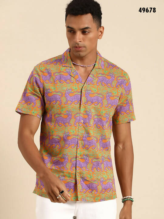 Orange Relaxed Opaque Printed Casual Resort Shirt - Mahotsav