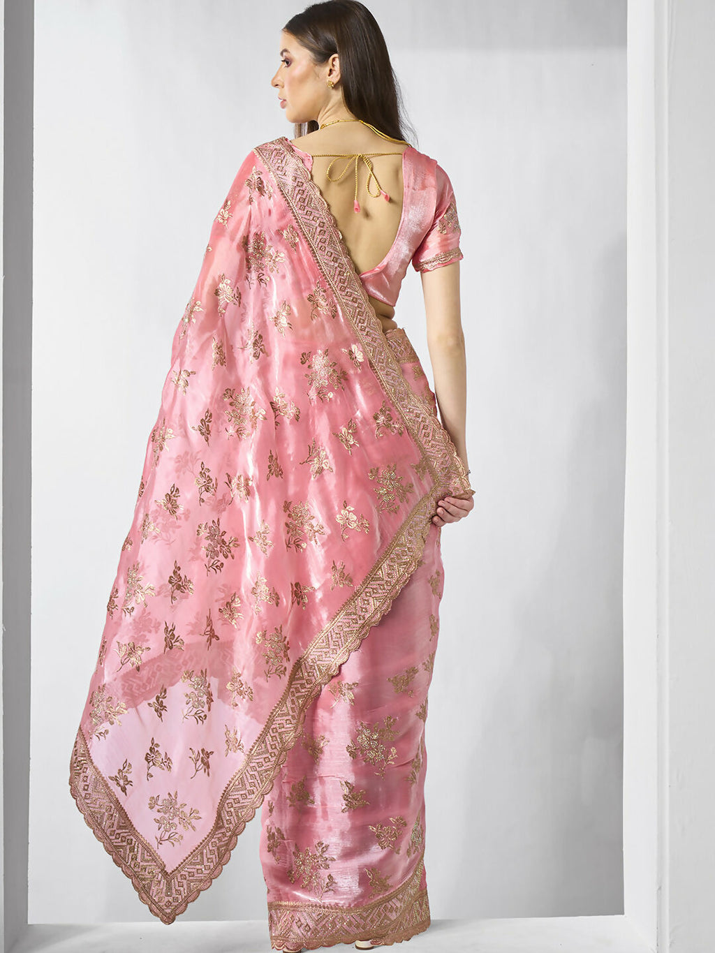 Coral Burburry silk Designer Embroidery Work Saree - Shezlin