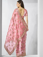 Coral Burburry silk Designer Embroidery Work Saree - Shezlin