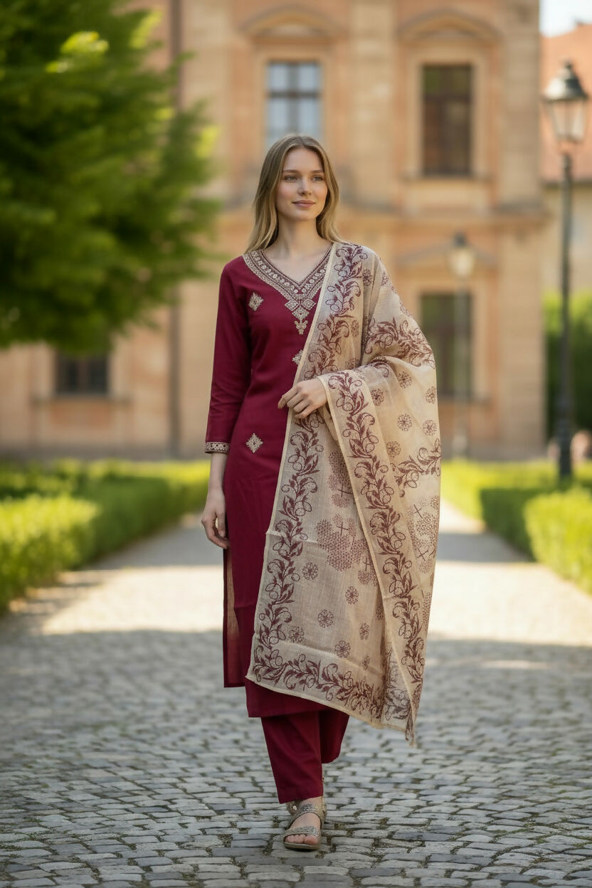 The52 Women's Beautiful Rayon Slub Fabric Embroidery Work Straight Kurta Pant and Dupatta Set - Distacart