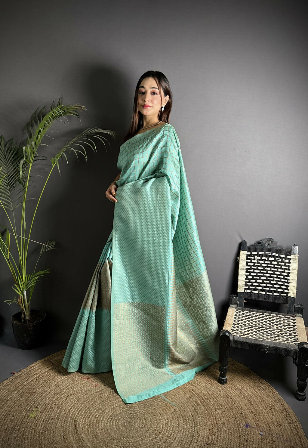 Joban Fashion Light Blue Banarasi Soft Lichi Silk Checks & Woven Saree - Distacart