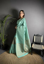 Joban Fashion Light Blue Banarasi Soft Lichi Silk Checks & Woven Saree - Distacart