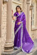 Vastranavya Purple-Blue Embroidery Work Shimmer Chiffon Saree with Unstitched Blouse - Distacart