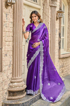 Vastranavya Purple-Blue Embroidery Work Shimmer Chiffon Saree with Unstitched Blouse - Distacart