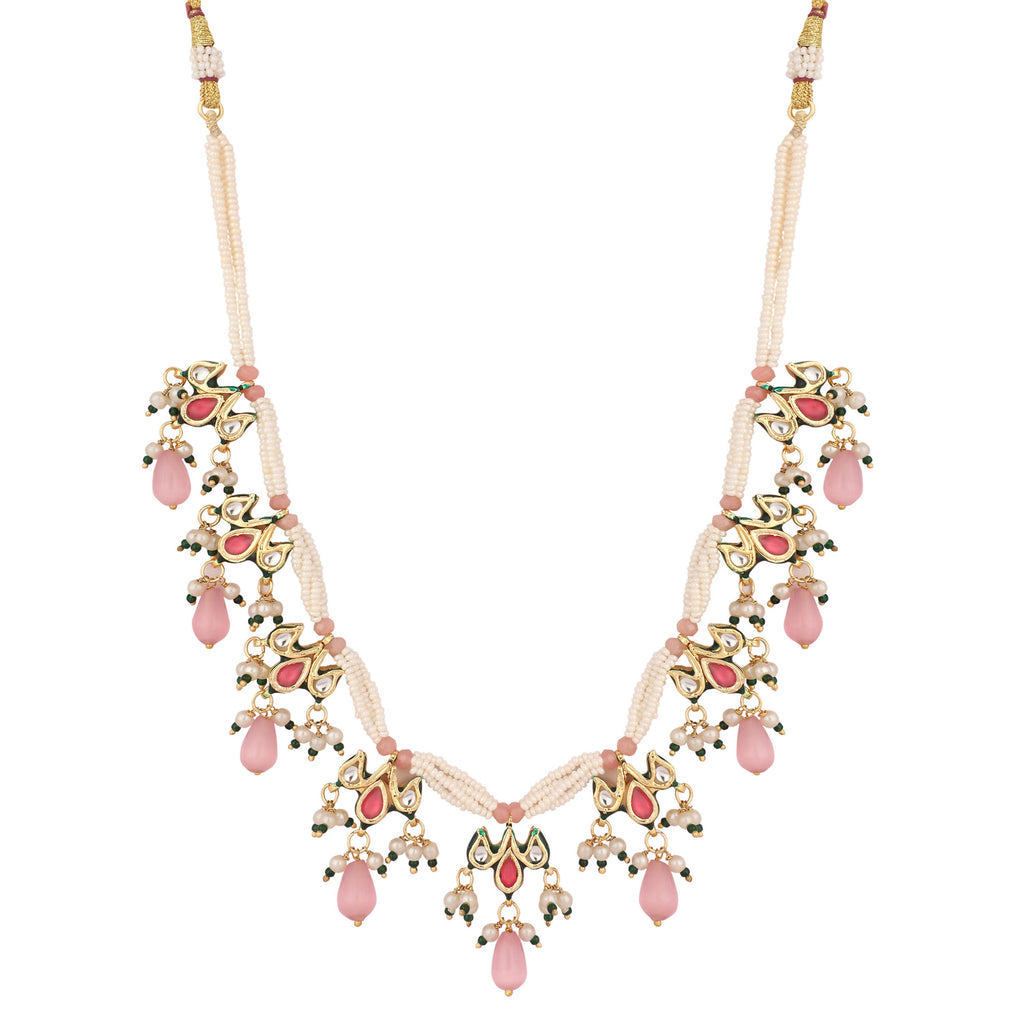 Nuyug 22K Gold Plated Pearl Empress Flora Pink Stone Drops Necklace Set