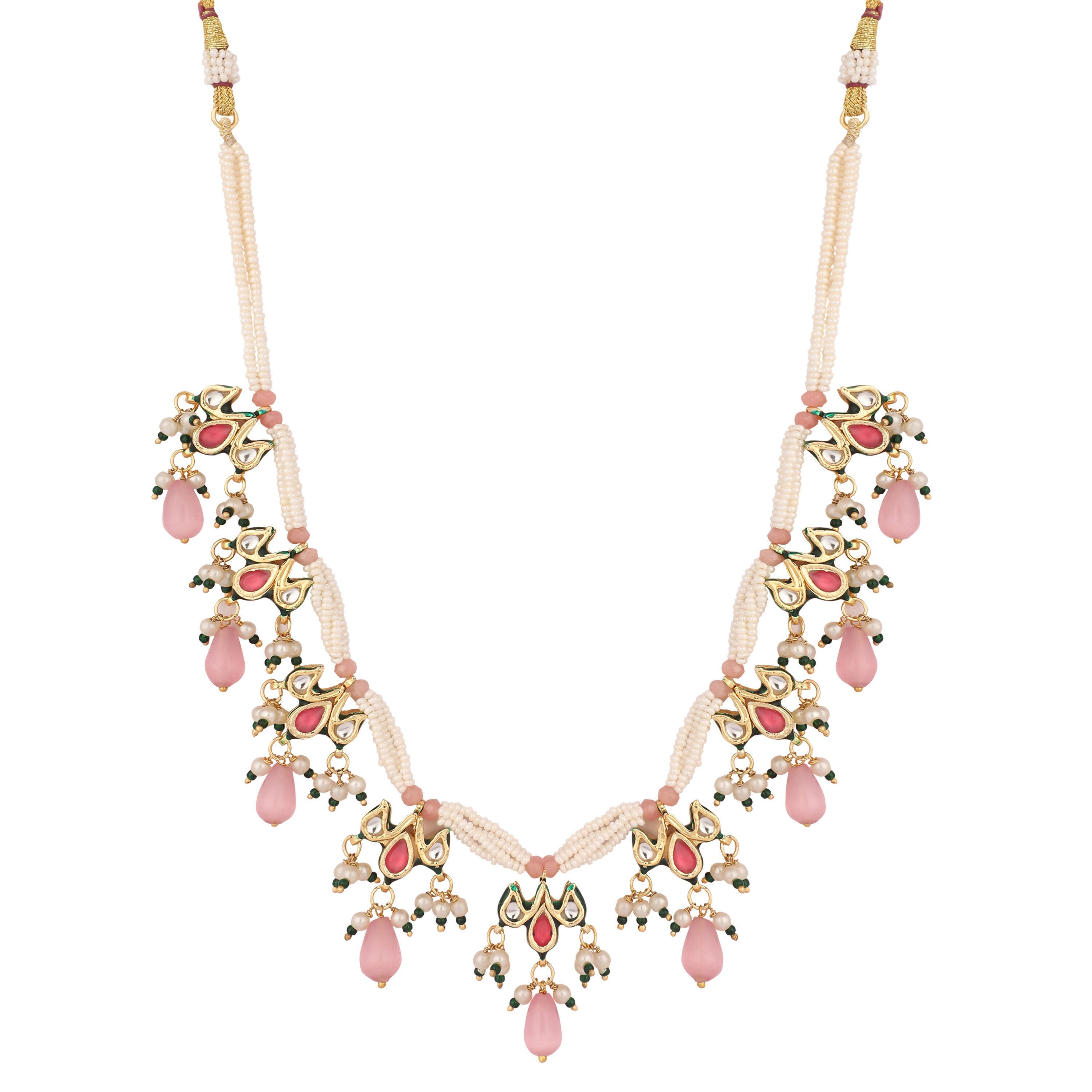 Nuyug 22K Gold Plated Pearl Empress Flora Pink Stone Drops Necklace Set