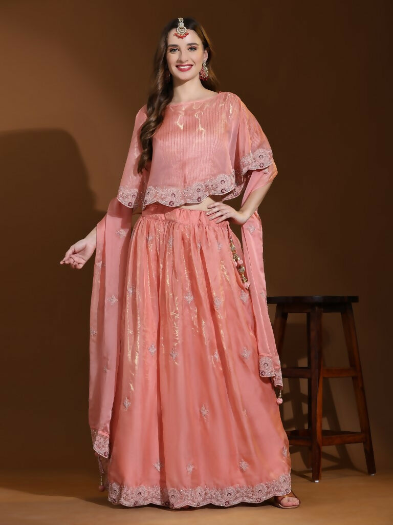 Peach Silk Embroidered Poncho Pattern Top & Lehenga with Dupatta - Tanya