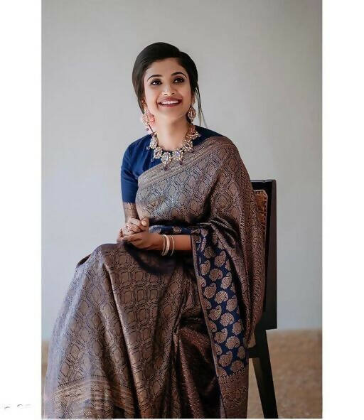 DEIANA'S Beautiful Designer Golden zari Soft Lichi Silk Saree - Blue