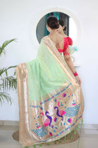 Pista Woven Jacquard Designer Embroidery Work Party Wear Saree - Parampara