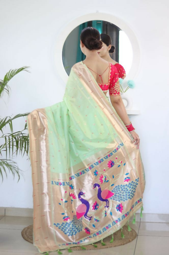 Pista Woven Jacquard Designer Embroidery Work Party Wear Saree - Parampara