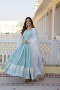 Jyoti Fashion Women's Turquoise Faux Georgette Sequins Thread Embroidery Anarkali Dress with Dupatta
