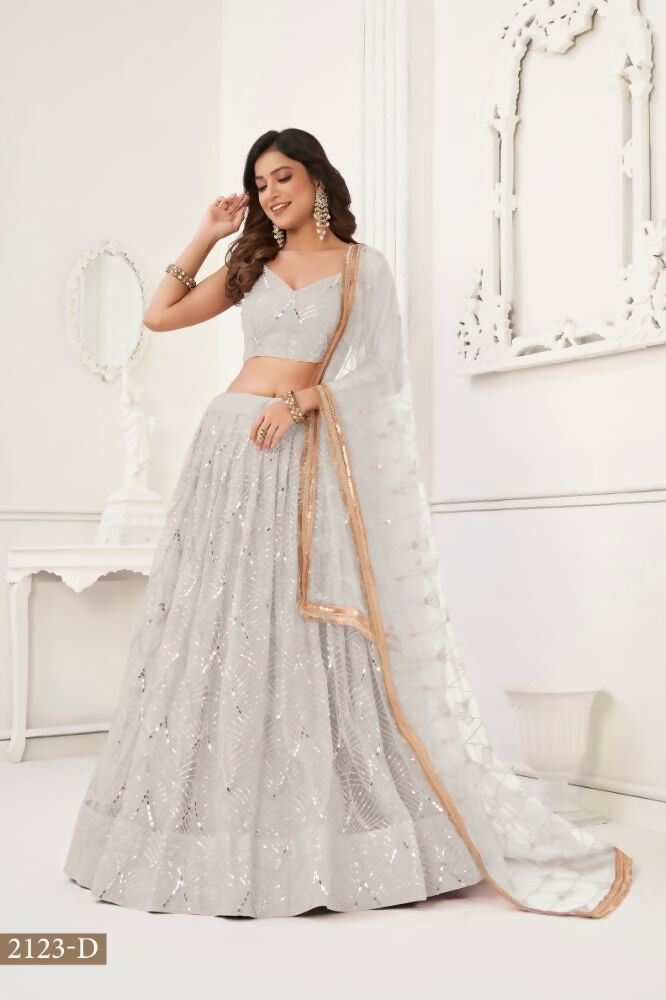 Aastha Fashion Off White Butterfly Net Tone To Tone Thread Work, Sequence Work And Original Mirror Work Embroidery Wedding Wear Lehenga Choli