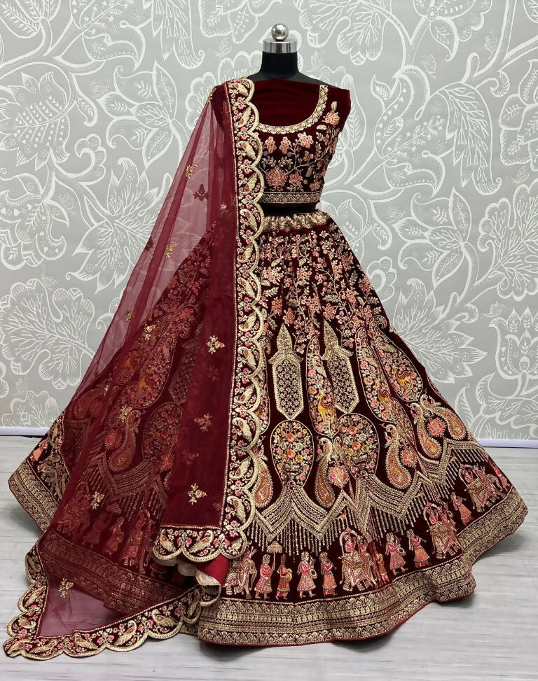 Jyoti Fashion Women's Maroon Velvet Multi Thread Embroidered with Zircon Diamond Work Wedding Lehenga Choli