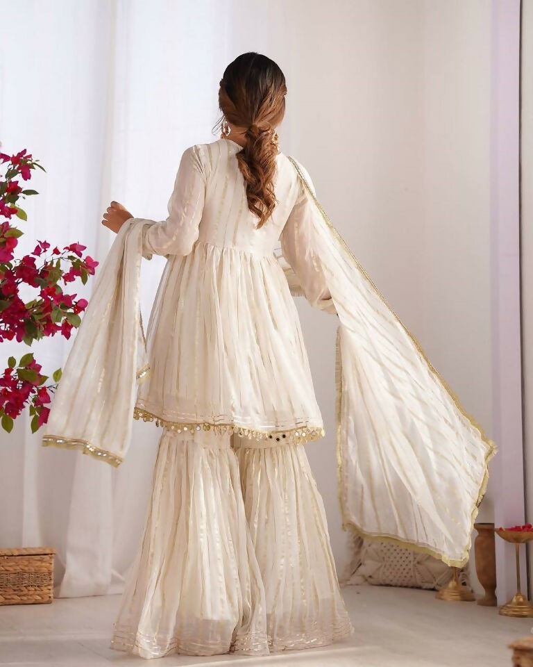 Teeya Creation White Color Mal Chanderi Silk Mirror Work And Hand Work Sharara set - Distacart