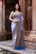 Joban Fashion Dusty Blue Crepe Chiffon Pure Handloom Banarasi Silk Saree