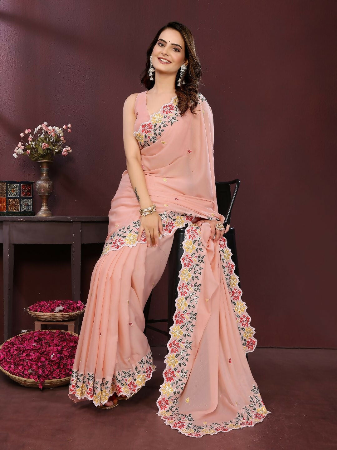 Ai Fashion Cream Soft Star Georgette Embroidery Party Wear Saree - Distacart