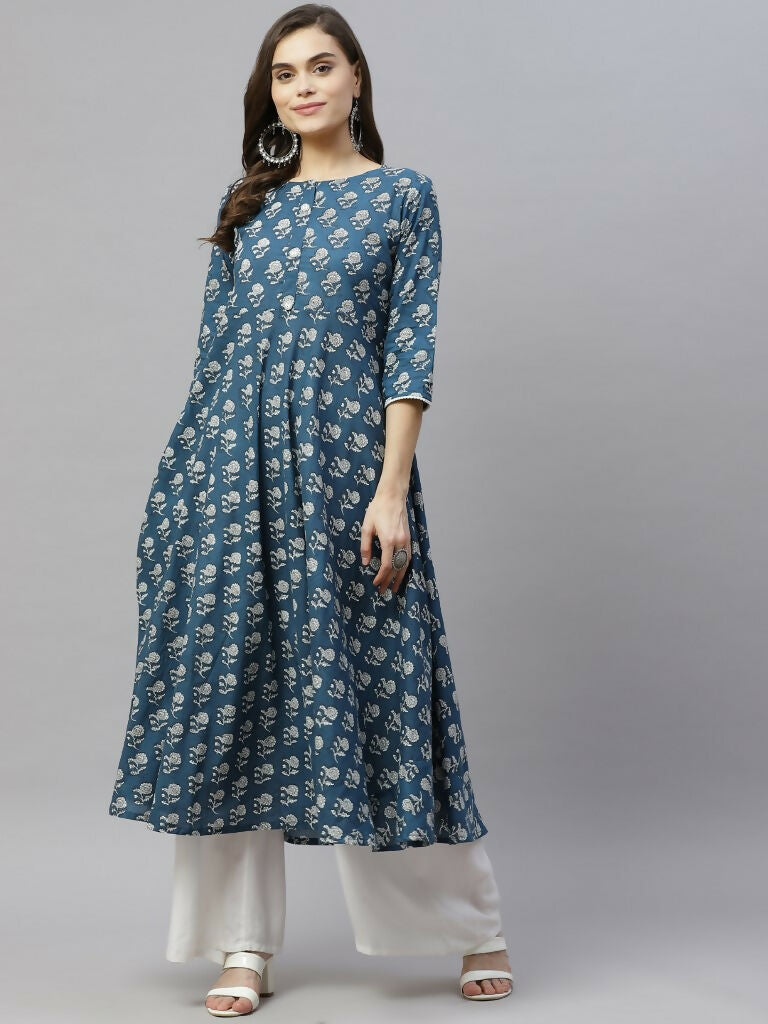 Miravan Women's Cotton Floral Printed Anarkali Kurta