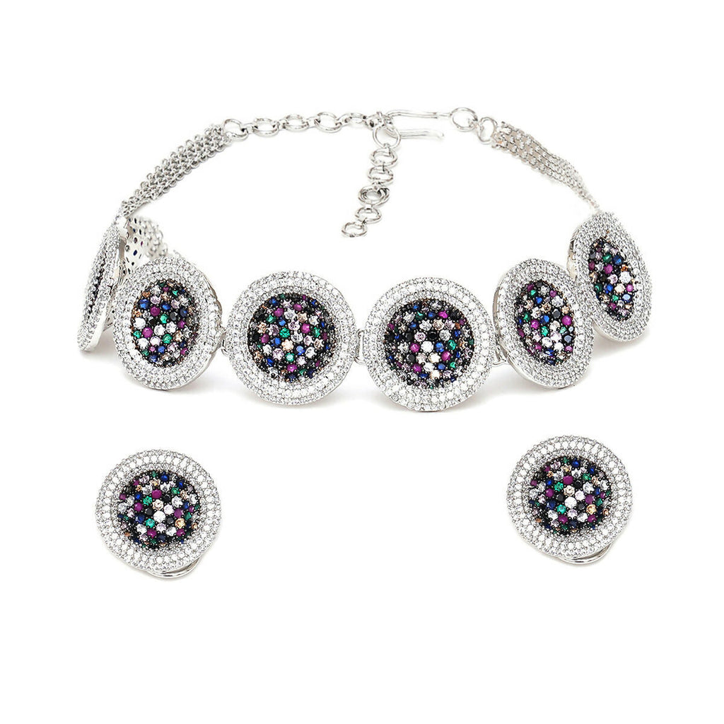 Multi Diamond and Stone Neckpiece with Studs- Ruby Raang