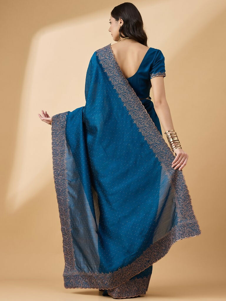 Blue Silk Blend Embroidered Saree with Unstitched Blouse - Vairagi