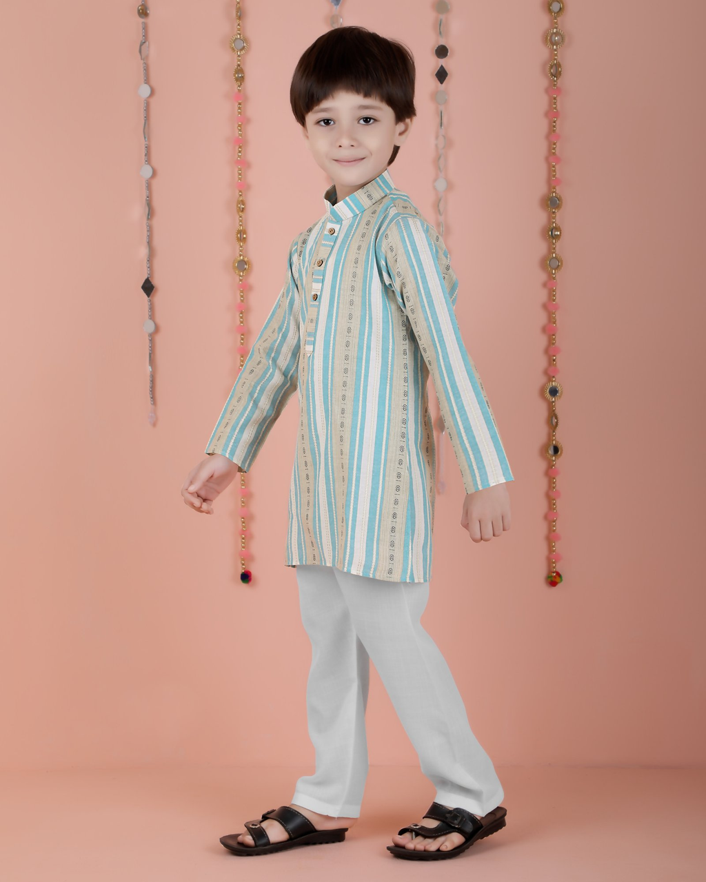 Joban Fashion Kids Island Cotton Full Sleeves Striped Kurta and Pyjama- Blue