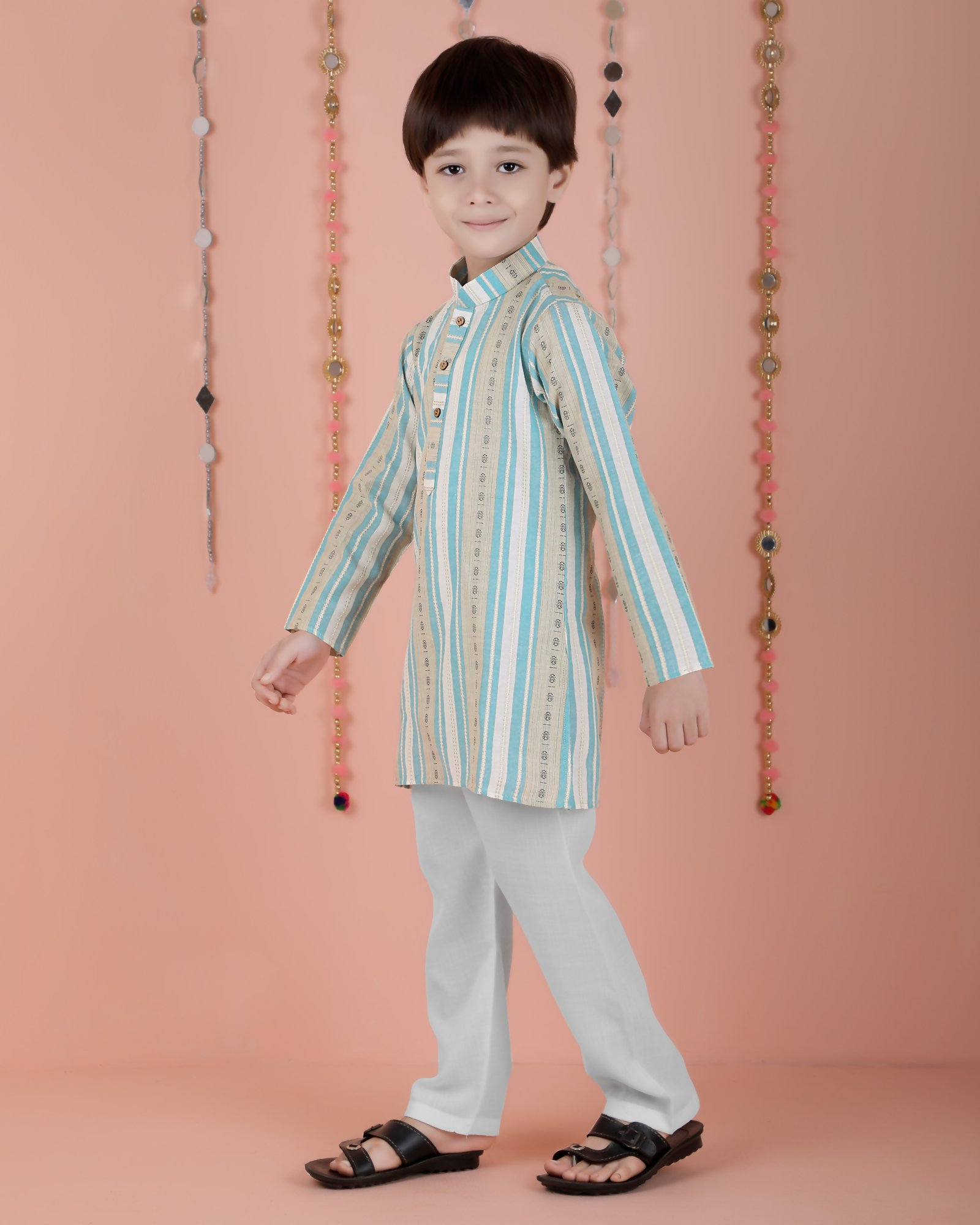 Joban Fashion Kids Island Cotton Full Sleeves Striped Kurta and Pyjama- Blue