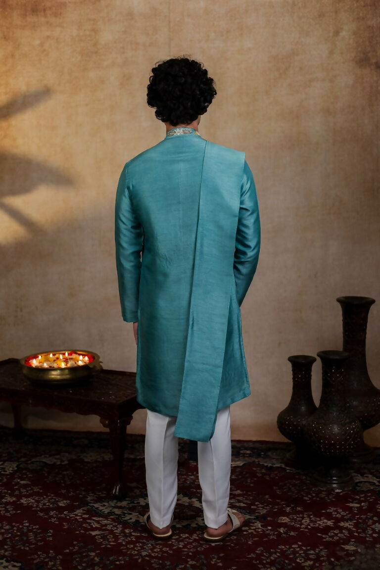 Falling Raw Silk Green Paisley Zari Kurta Set By Hilo Design
