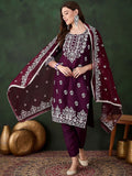 Sangria Purple Floral Embroidered Thread Work Pure Cotton Kurta & Trouser With Dupatta