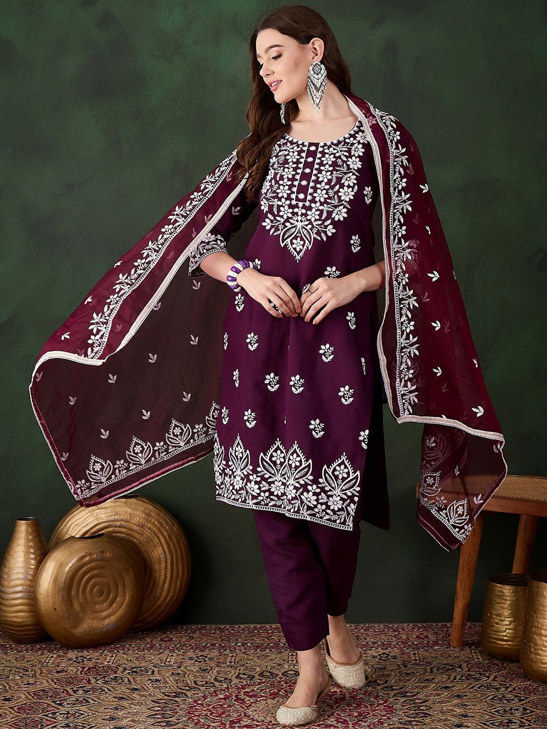 Sangria Purple Floral Embroidered Thread Work Pure Cotton Kurta & Trouser With Dupatta