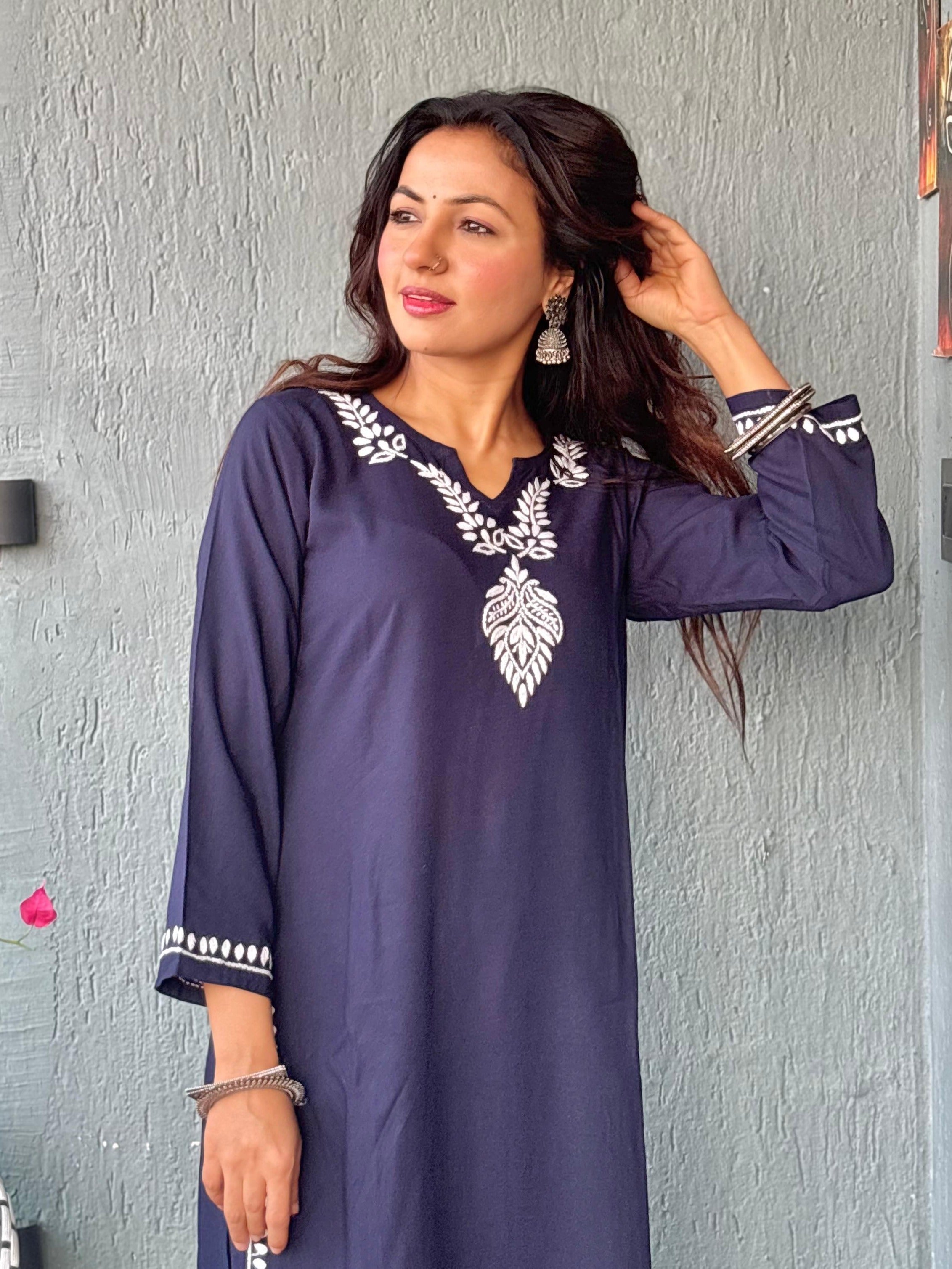Gharana India Luxury Rayon Navy Blue Chikankari Kurta Set - Distacart