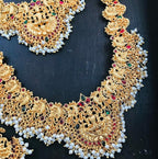 Jewel City Gold-Plated Traditional Goddess Lakshmi Temple Jewellery Bridal Set with Ruby Stone Long Haram Double Necklace Set