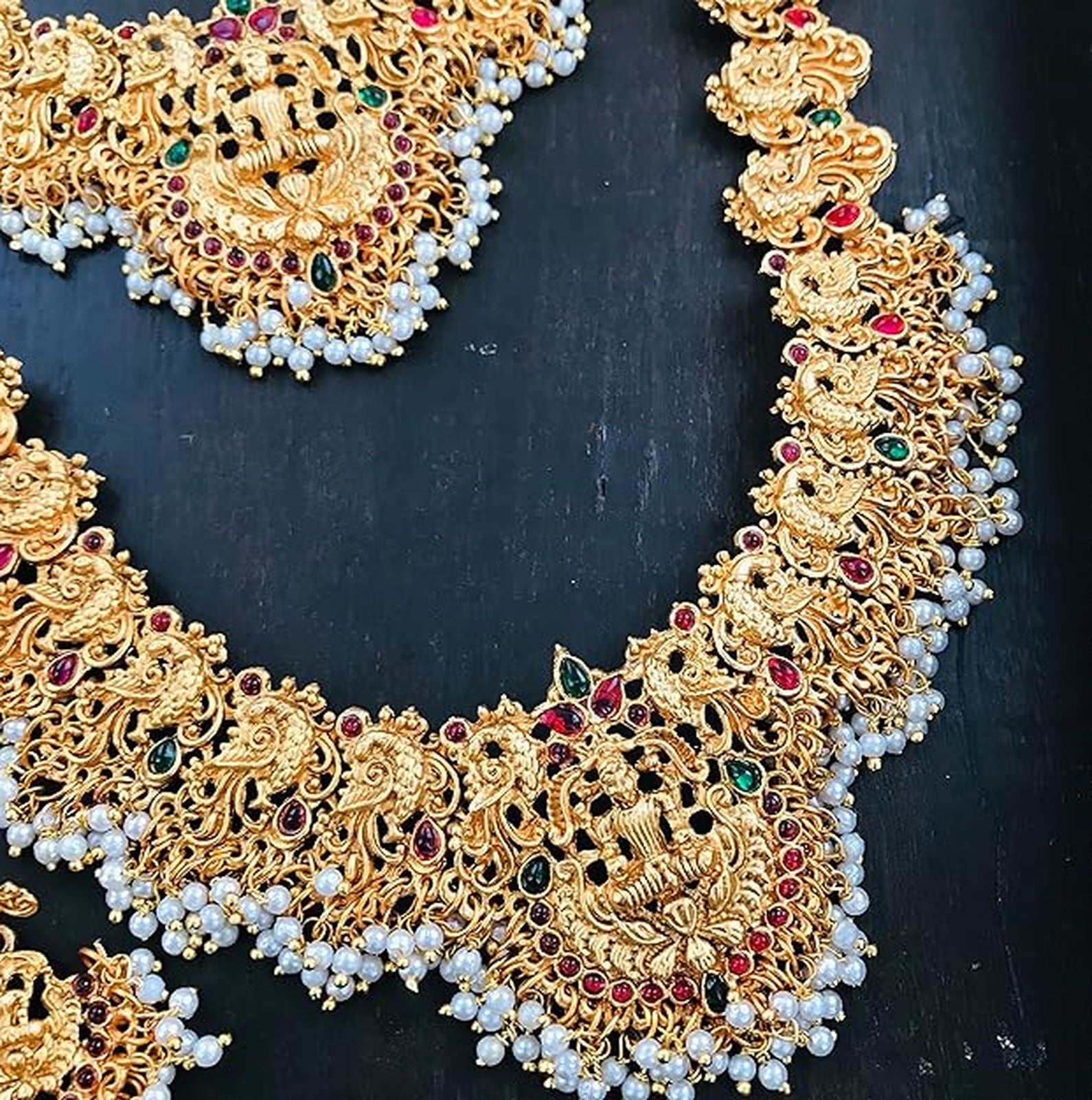 Jewel City Gold-Plated Traditional Goddess Lakshmi Temple Jewellery Bridal Set with Ruby Stone Long Haram Double Necklace Set