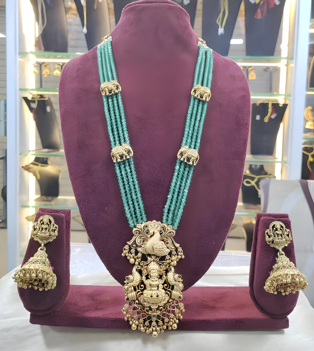 Jewel City Luxurious Emerald Green Temple Goddess Kundan Jewelry Set - Handcrafted Gold-Plated Bridal Necklace with Jhumka Earrings