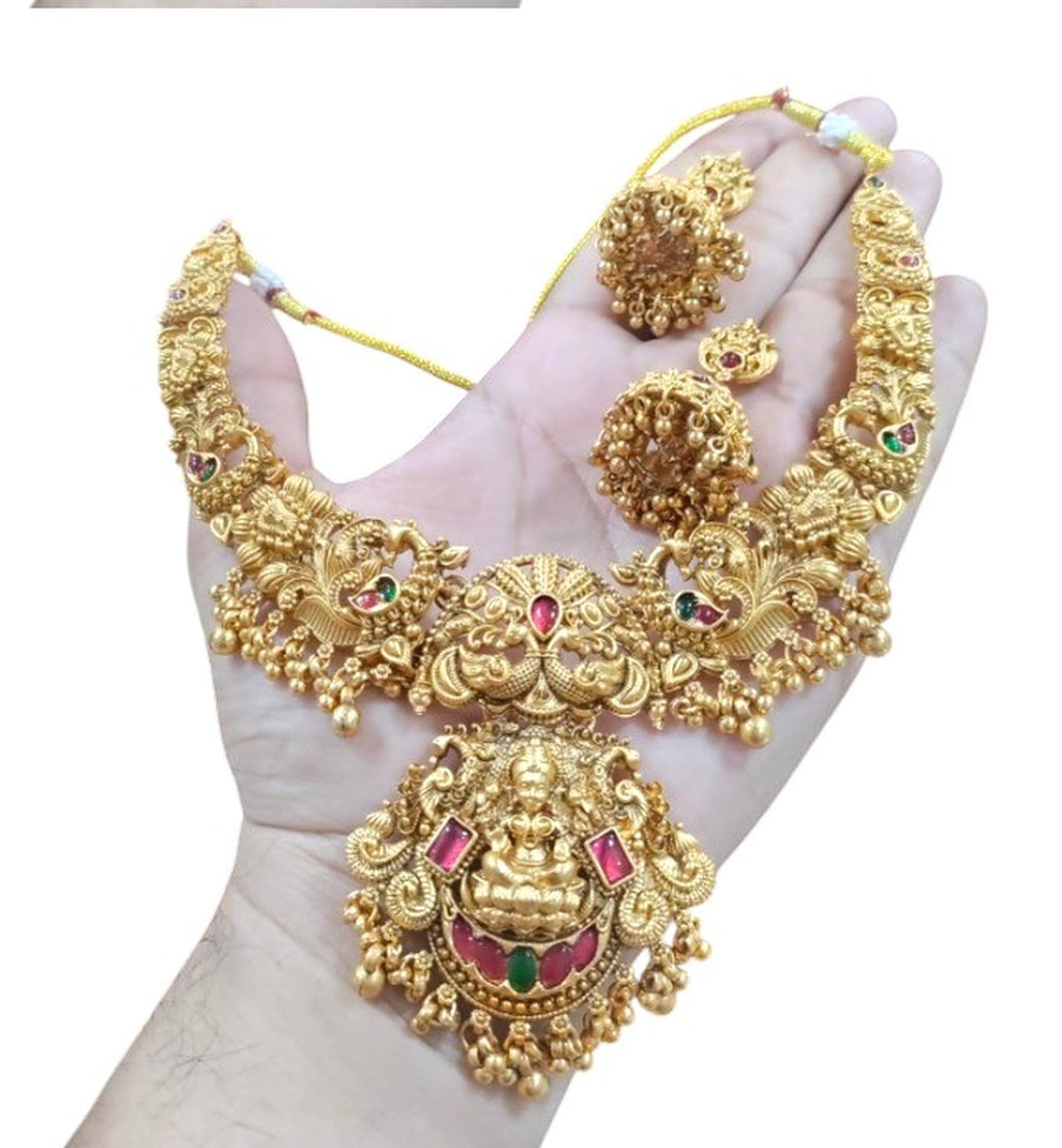 Jewel City Gold Lakshmi Temple Necklace Set - Bridal Jewelry with Ruby and Emerald Accents