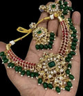 Jewel City Traditional Kundan Choker Necklace Set - Green Drops & Red Accent - Handcrafted Gold-Plated Bridal Jewelry with Earrings