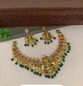 Jewel City Ganesha Temple Necklace Set - Antique Gold Finish with Emerald Drops & Ruby Pink Stones (Premium Bridal Collection)