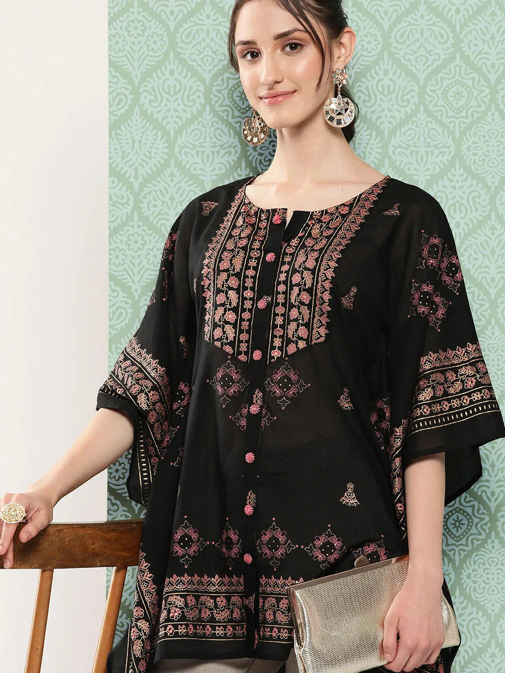 Yufta Printed Kimono Sleeve Ethnic Kaftan Top