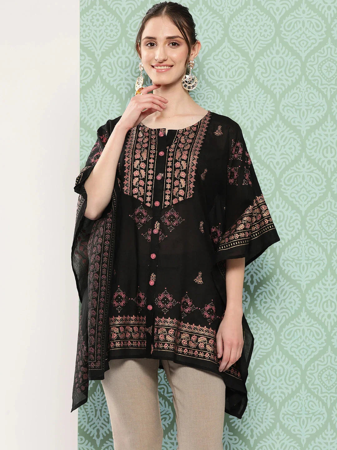 Yufta Printed Kimono Sleeve Ethnic Kaftan Top