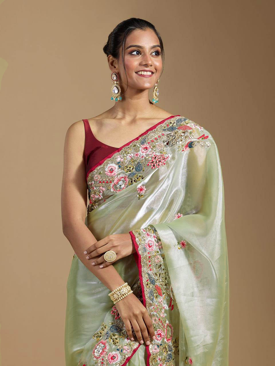 Teeya Creation Green Color Organza Silk Heavy Work Saree - Distacart