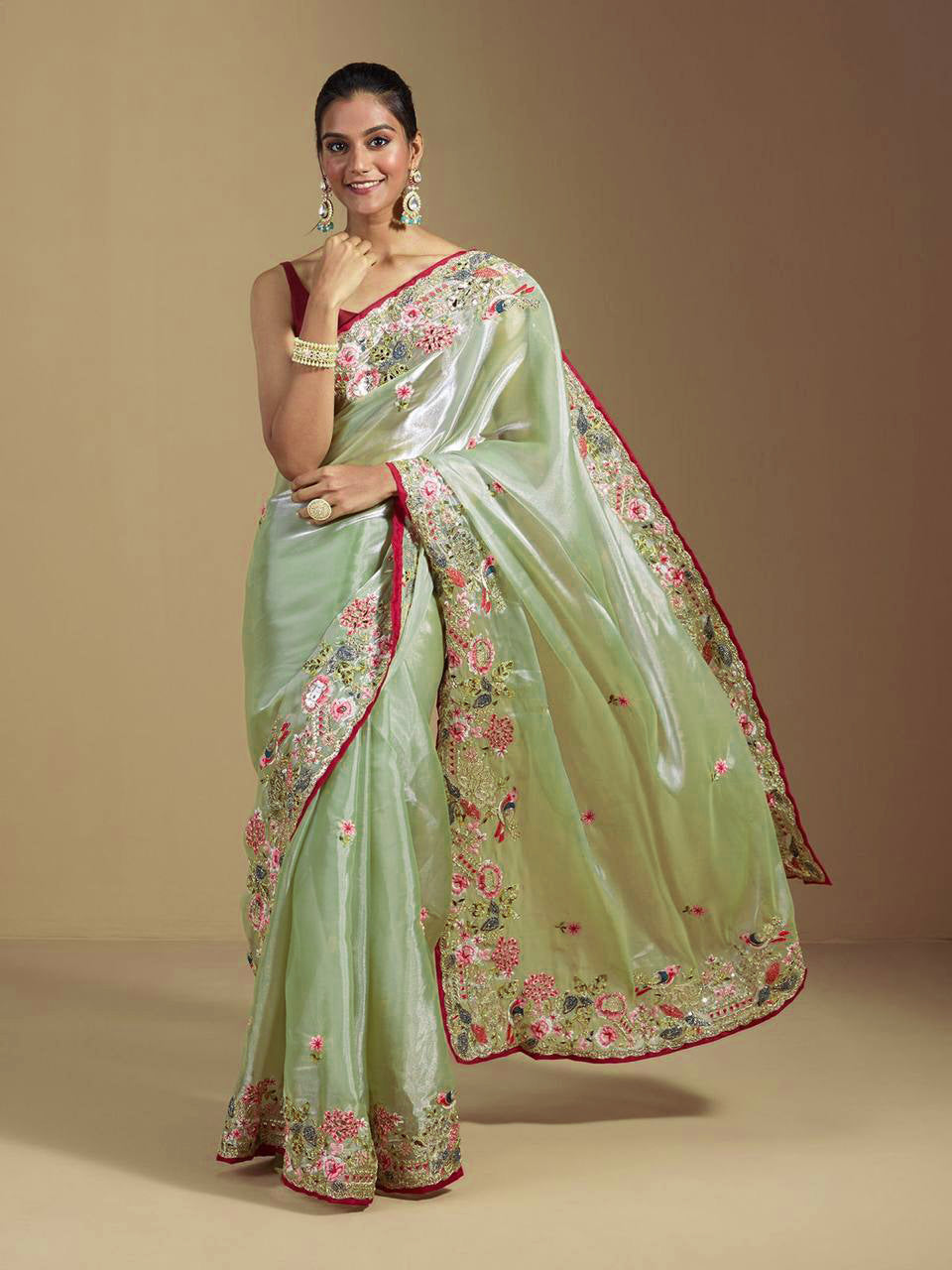 Teeya Creation Green Color Organza Silk Heavy Work Saree - Distacart