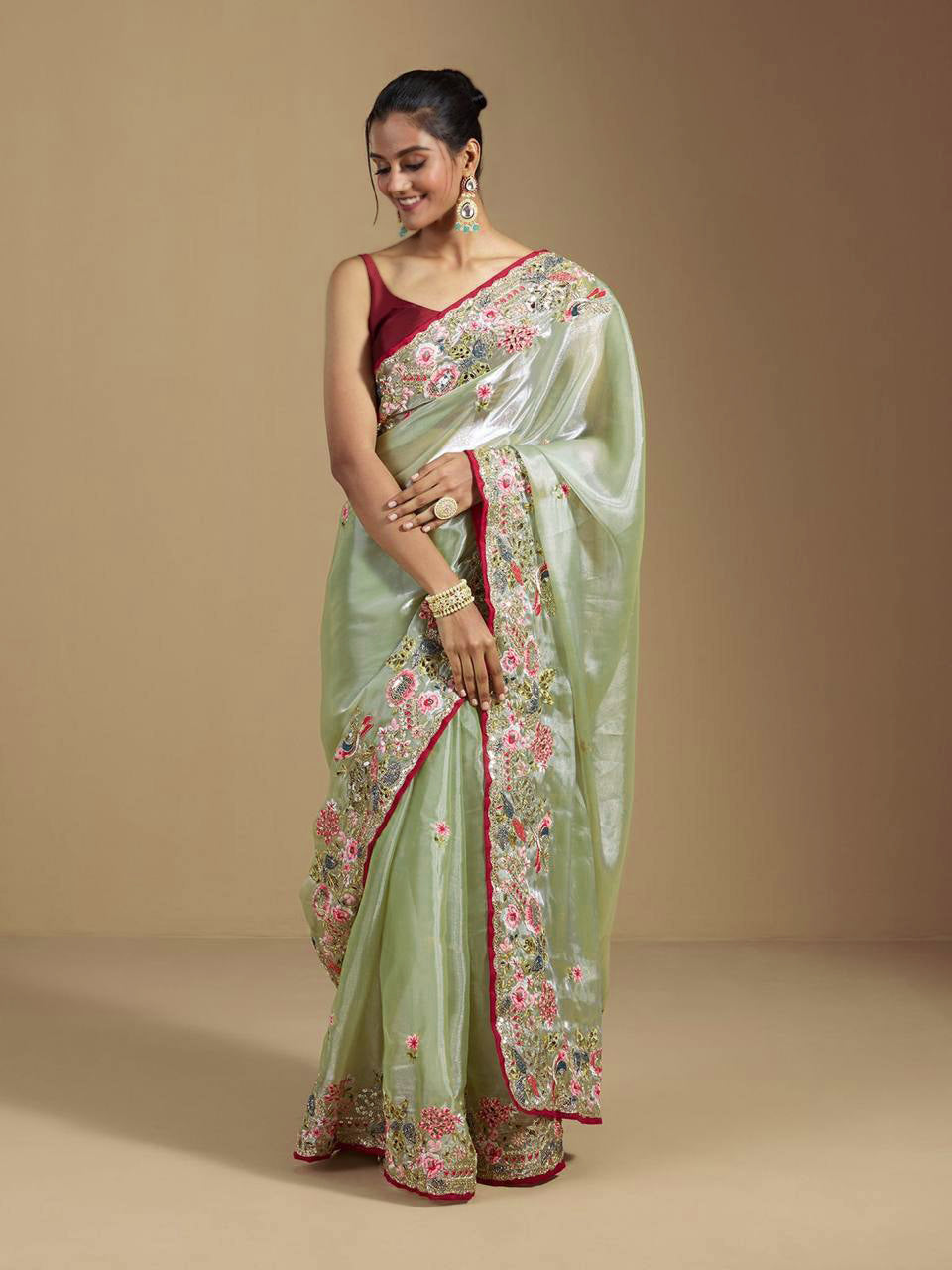 Teeya Creation Green Color Organza Silk Heavy Work Saree - Distacart