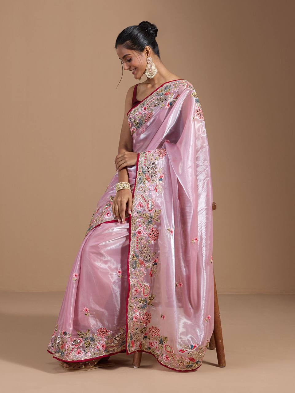 Teeya Creation Pink Color Organza Silk Heavy Work Saree - Distacart