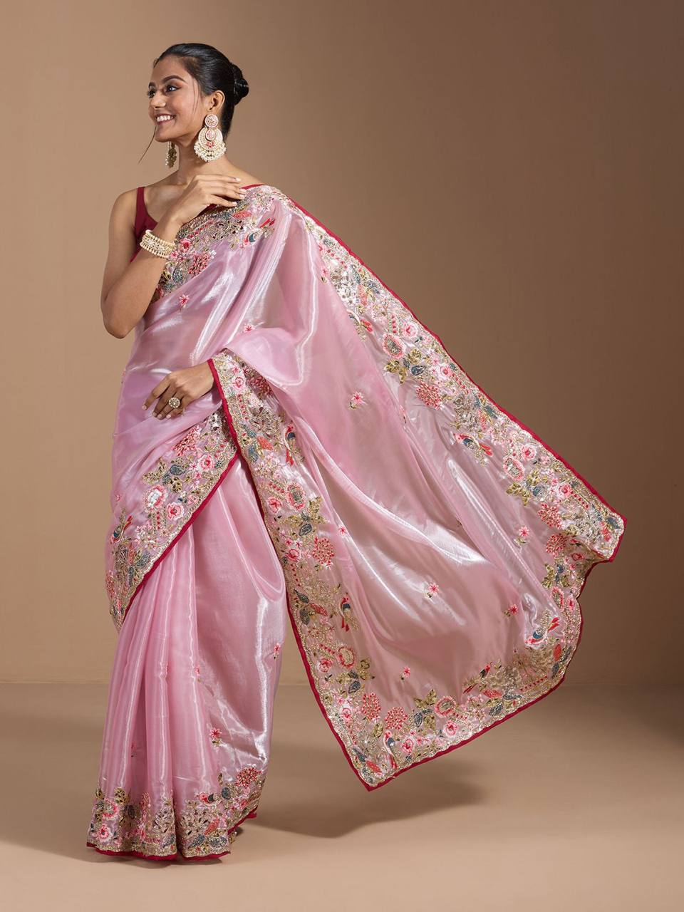 Teeya Creation Pink Color Organza Silk Heavy Work Saree - Distacart