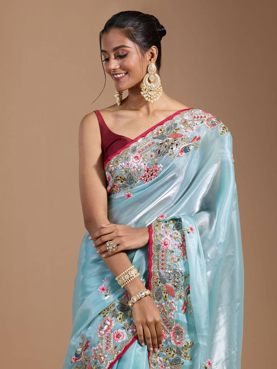 Teeya Creation Sky Color Organza Silk Heavy Work Saree - Distacart