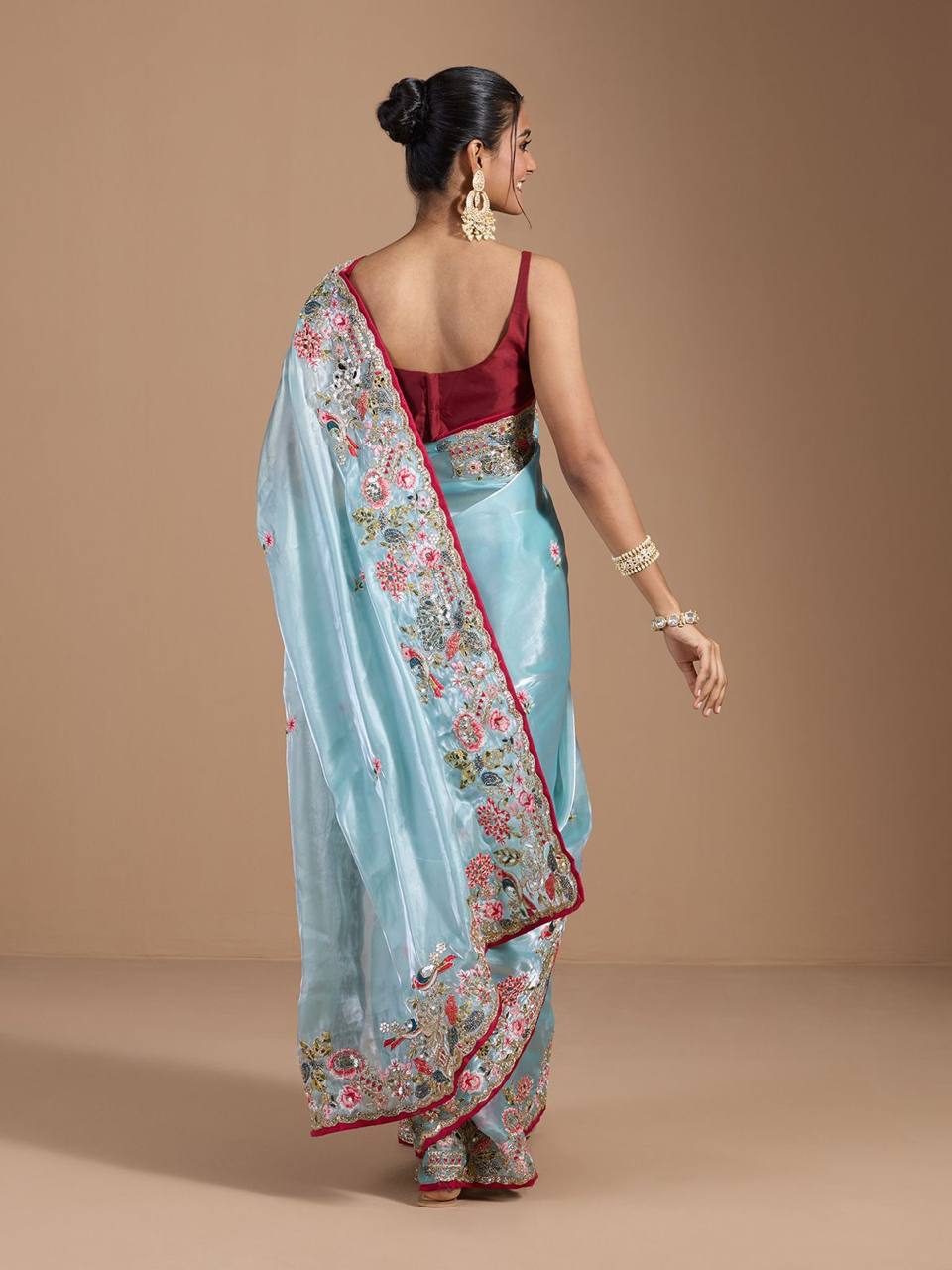 Teeya Creation Sky Color Organza Silk Heavy Work Saree - Distacart