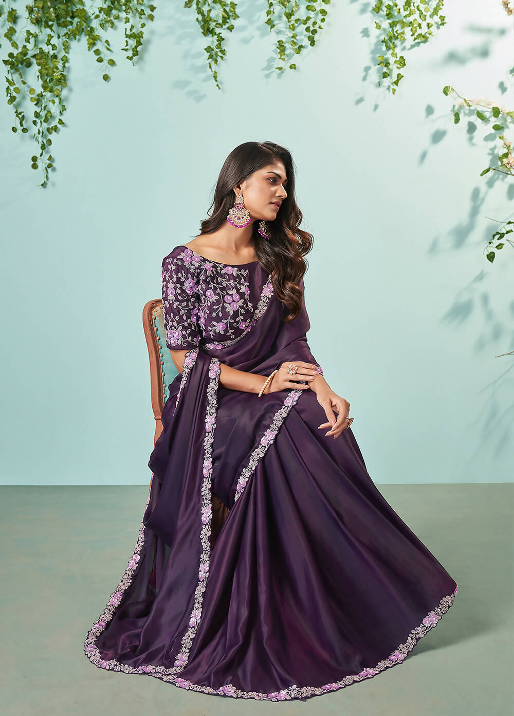 Dark Purple Silk crepe Solid Saree With Unstitched Blouse Piece - Norita Ikshita - Distacart