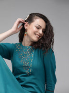 Yufta Women Teal Blue Embroidered straight Kurta