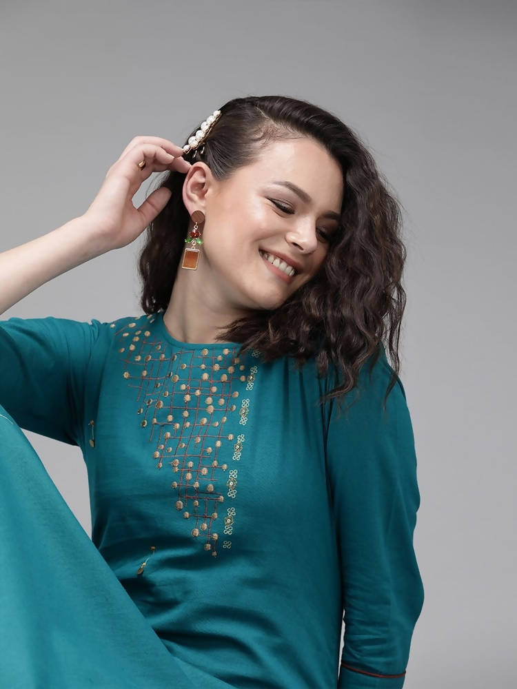 Yufta Women Teal Blue Embroidered straight Kurta